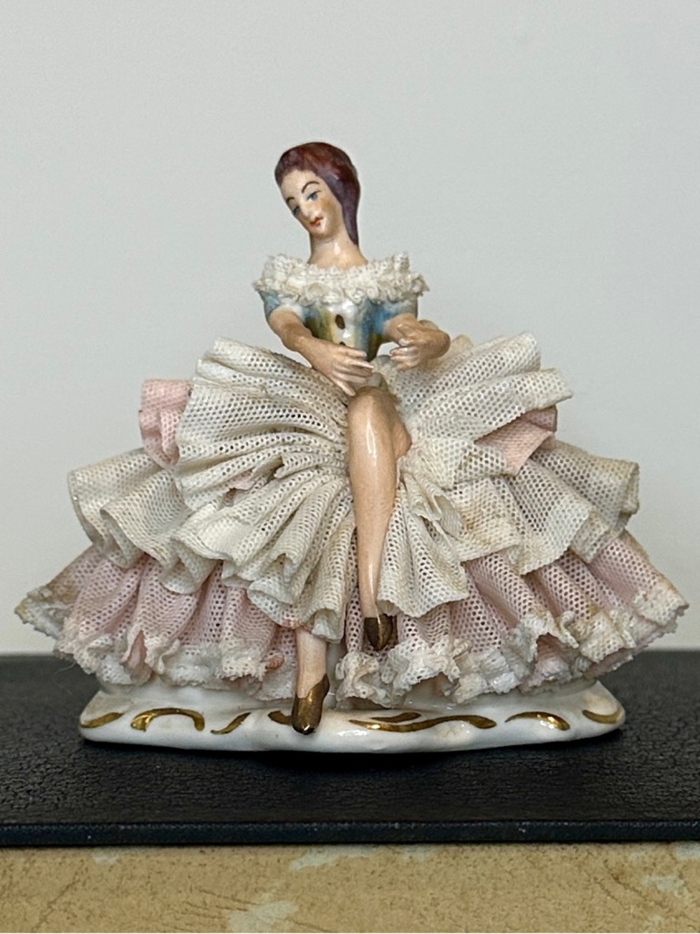 Dresden Porcelain Figurine of Ballerina in Beautiful Lace Tiered Dree